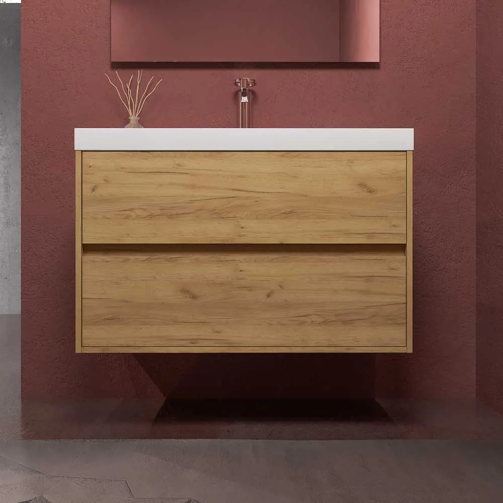 Mobile bagno sospeso 2 cassetti CARMEN con lavabo in resina finitura ROVERE CHIARO - immagine 6