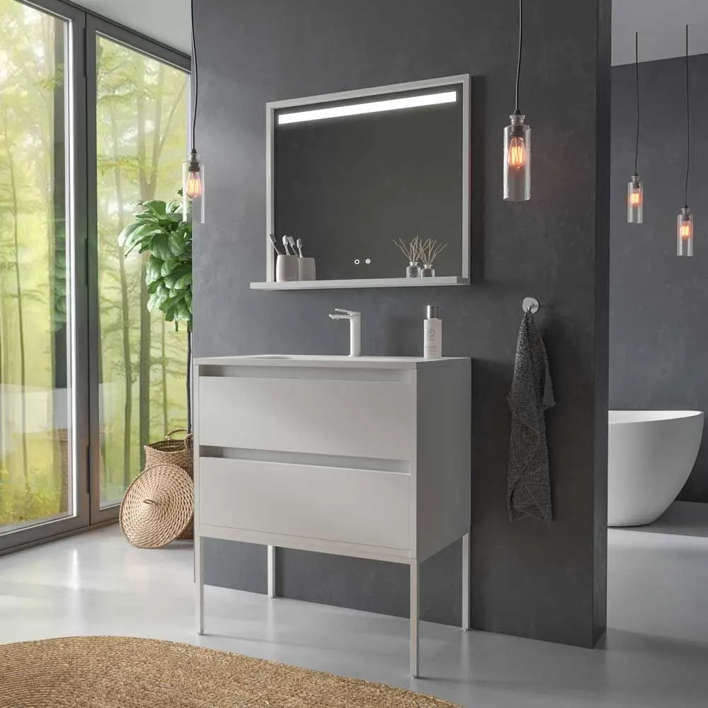 Mobile da bagno con gambe 2 cassetti SMILE con lavabo in Solid Surface BIANCO - immagine 5