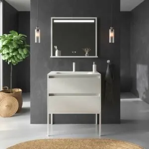 Mobile da bagno con gambe 2 cassetti SMILE con lavabo in Solid Surface BIANCO
