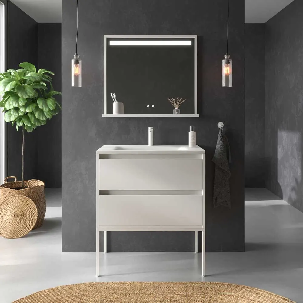 Mobile da bagno con gambe 2 cassetti SMILE con lavabo in Solid Surface BIANCO