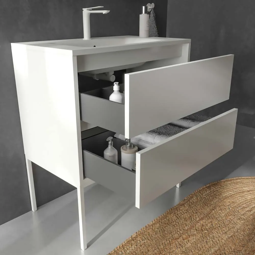 Mobile da bagno con gambe 2 cassetti SMILE con lavabo in Solid Surface BIANCO - immagine 3