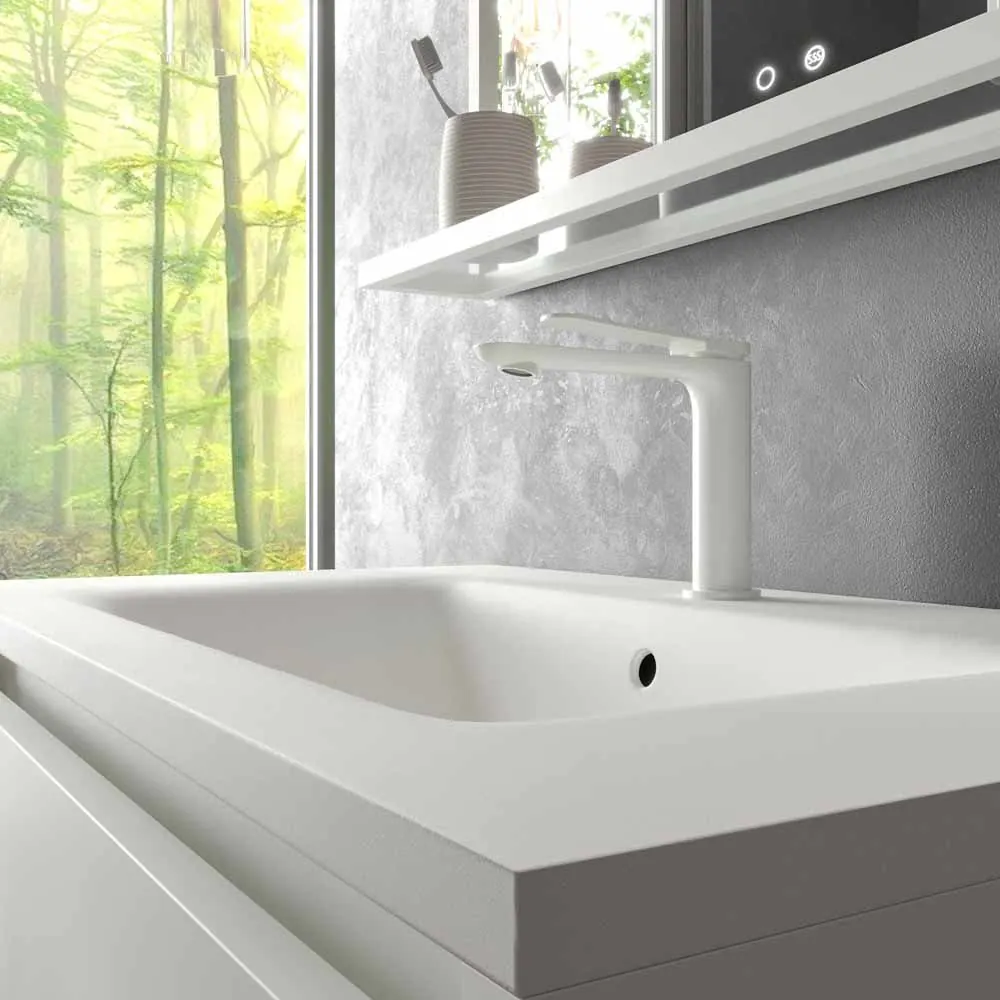 Mobile da bagno con gambe 2 cassetti SMILE con lavabo in Solid Surface BIANCO - immagine 2