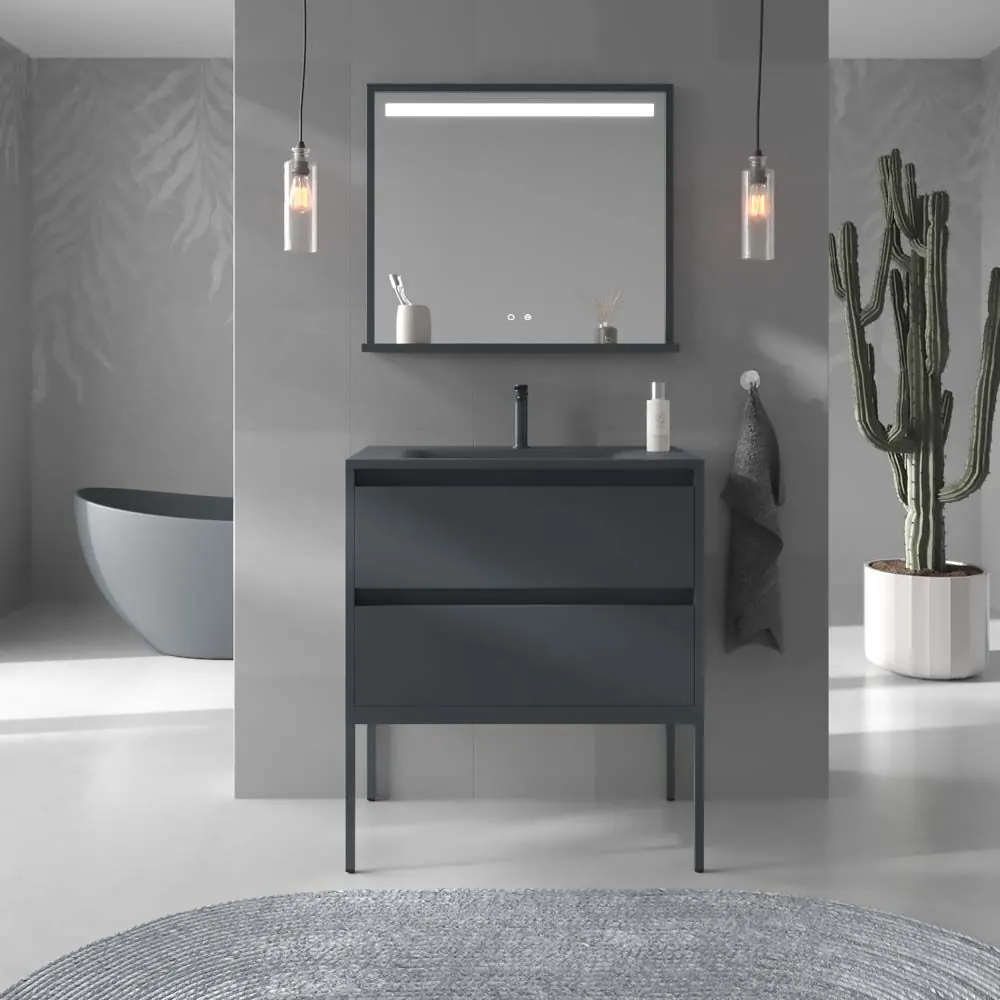 Mobile da bagno SMILE con gambe 2 cassetti con lavabo in Solid Surface GRAFITE