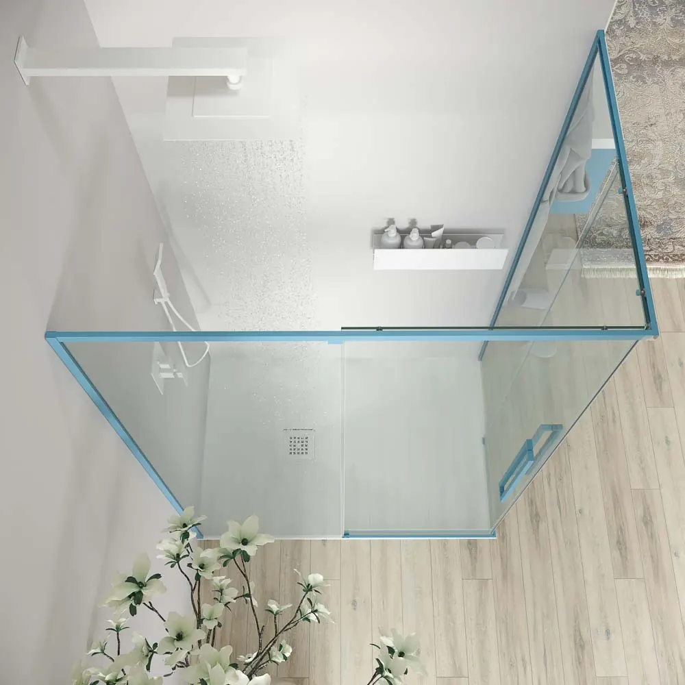 Parete doccia rettangolare PETRA 2 fissa – 2 ante scorrevoli in vetro 6 mm. ACCIAIO INOX finitura AZZURRO OPACO - immagine 2