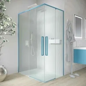 Parete doccia rettangolare PETRA 2 fissa – 2 ante scorrevoli in vetro 6 mm. ACCIAIO INOX finitura AZZURRO OPACO