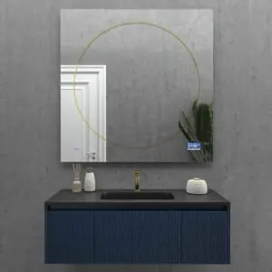 Specchio su misura KANT con luce led perimetrale posteriore con anello interno oro o nero. Altoparlanti. Anti nebbia. Specchio ingranditore. Orologio