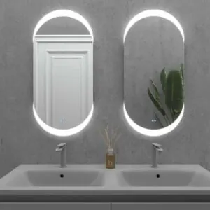 Specchiera custom LINE con luce posteriore a led perimetrale superiore e inferiore sabbiata. Altoparlanti. Anti nebbia. Specchio ingranditore. Orologio