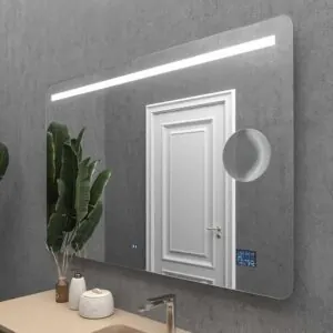 Specchio custom OSAKA con luce led frontale superiore bordo tondo. Altoparlanti. Anti nebbia. Specchio ingranditore. Orologio