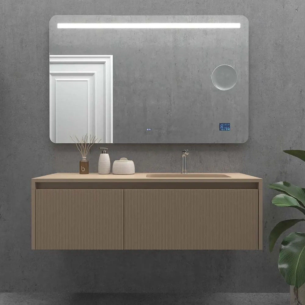 Specchio custom OSAKA con luce led frontale superiore bordo tondo. Altoparlanti. Anti nebbia. Specchio ingranditore. Orologio - immagine 2