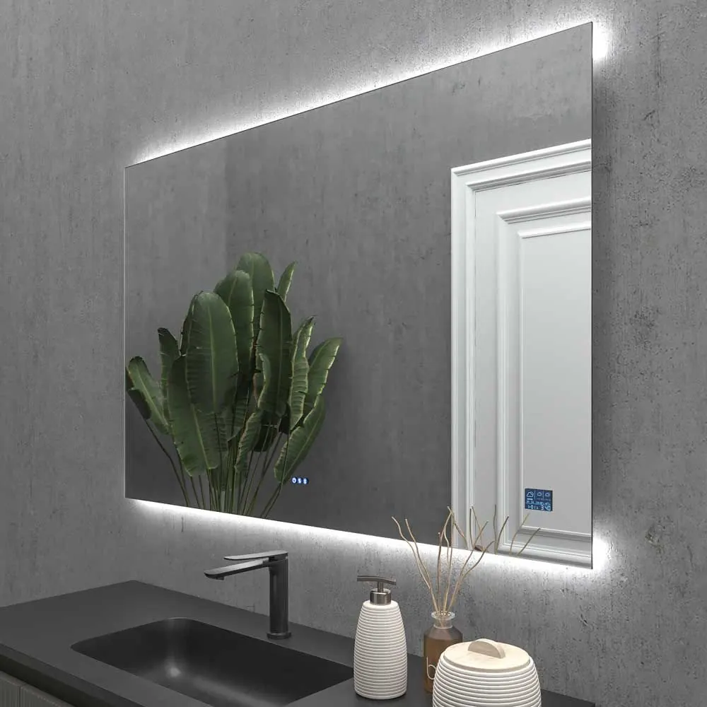 Specchio personalizzato TORONTO con luce led perimetrale posteriore superiore ed inferiore. Altoparlanti. Anti nebbia. Specchio ingranditore. Orologio