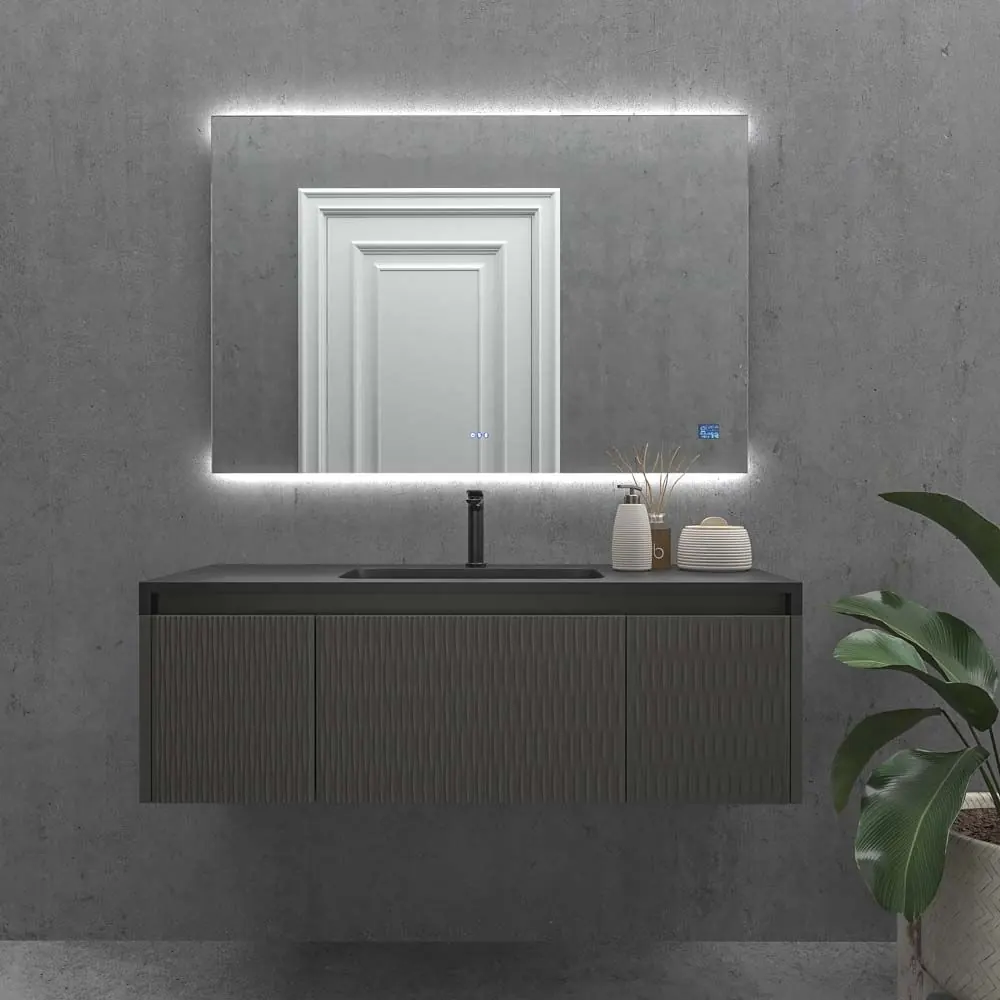 Specchio personalizzato TORONTO con luce led perimetrale posteriore superiore ed inferiore. Altoparlanti. Anti nebbia. Specchio ingranditore. Orologio - immagine 2