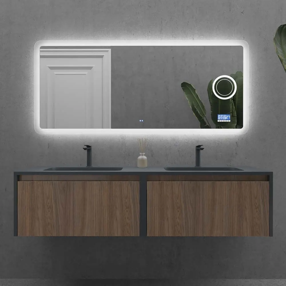 Specchiera su misura DENVER con luce led perimetrale frontale bordo tondo. Altoparlanti. Anti nebbia. Specchio ingranditore. Orologio - immagine 2