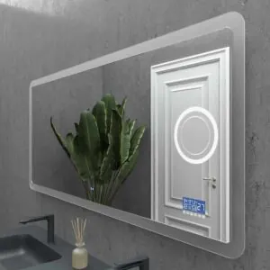 Specchiera su misura DENVER con luce led perimetrale frontale bordo tondo. Altoparlanti. Anti nebbia. Specchio ingranditore. Orologio