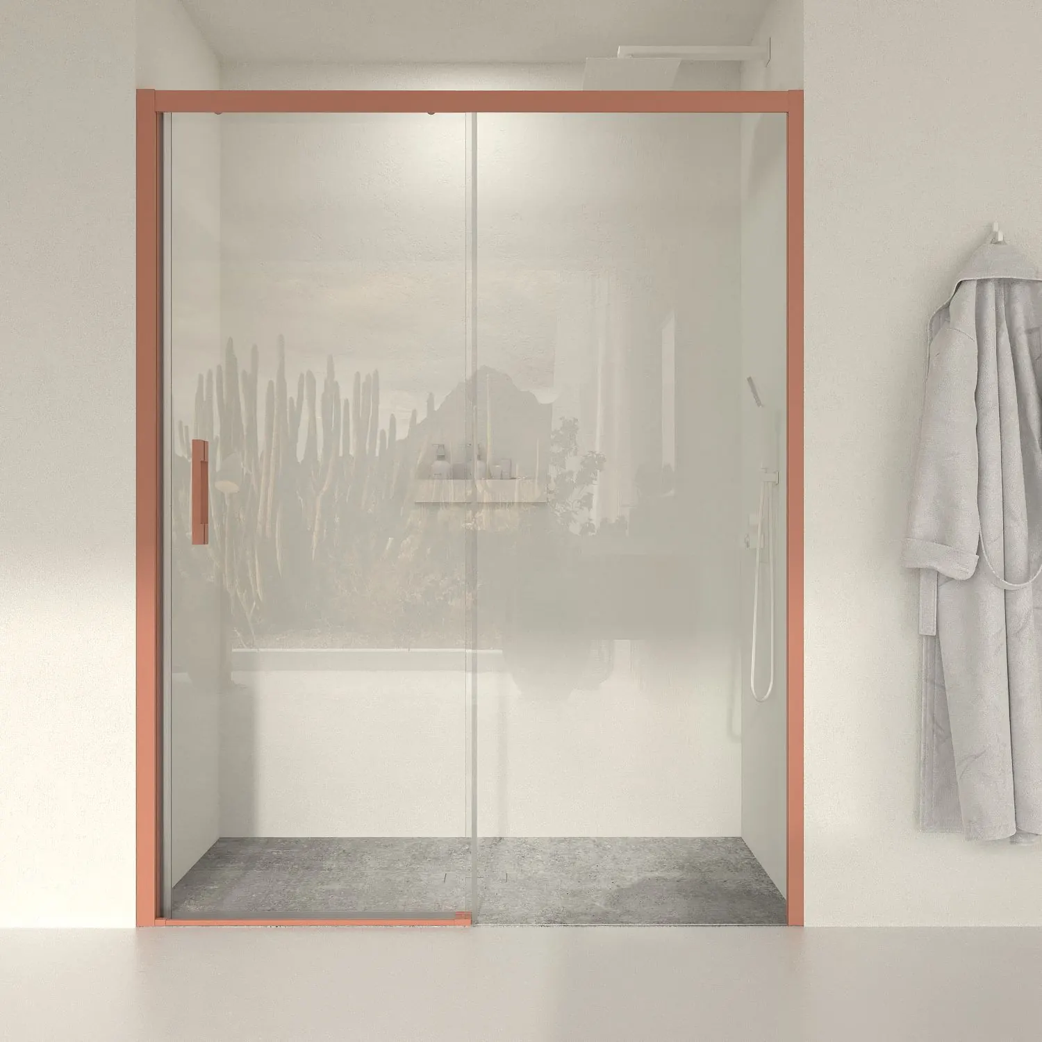 LINEA1 parete doccia fissa frontale -1 anta scorrevole. Nessun profilo inferiore. Finitura ROSSO BEIGE