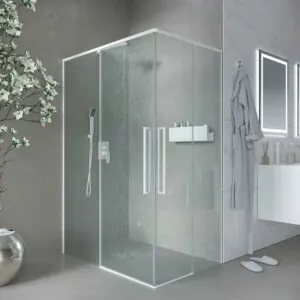 Parete doccia rettangolare PETRA 2 fissa – 2 ante scorrevoli in vetro 6 mm. ACCIAIO INOX finitura BIANCO OPACO
