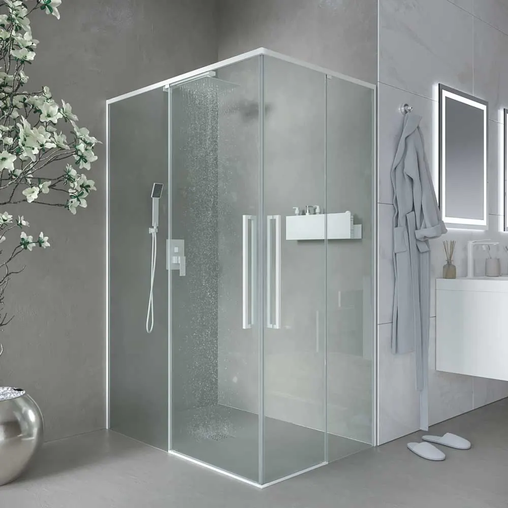 Parete doccia rettangolare PETRA 2 fissa – 2 ante scorrevoli in vetro 6 mm. ACCIAIO INOX finitura BIANCO OPACO