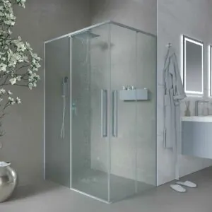 Parete doccia rettangolare PETRA 2 fisse – 2 ante scorrevoli in vetro 6 mm. ACCIAIO INOX finitura GRIGIO CEMENTO