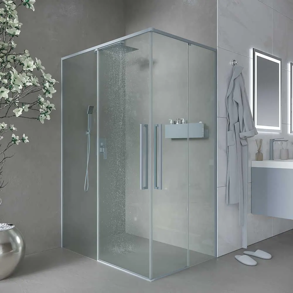 Parete doccia rettangolare PETRA 2 fisse – 2 ante scorrevoli in vetro 6 mm. ACCIAIO INOX finitura GRIGIO CEMENTO