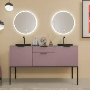 Mobile bagno ELLA con gambe 2 cassetti – 2 ante con piano SOLID SURFACE 2 vasche