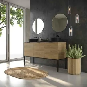 Mobile da bagno ELLA con gambe 3 ante con coperchio SOLID SURFACE 2 vasche ROVERE CHIARO