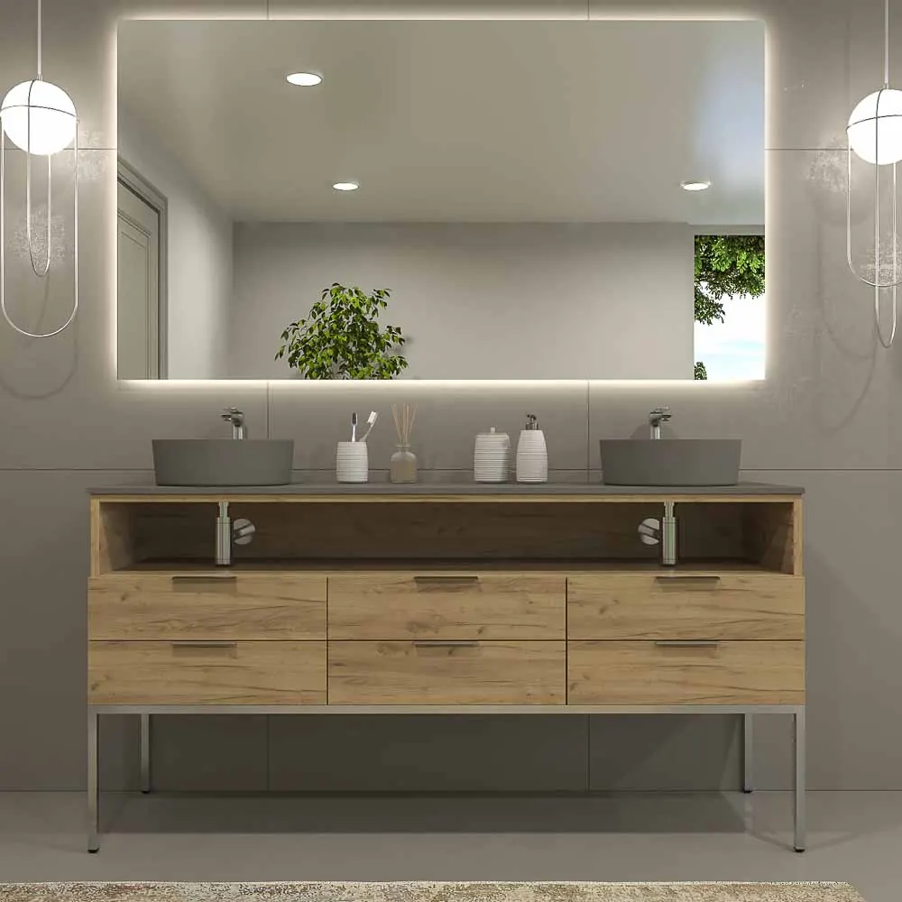 Mobile bagno con gambe ELLA 6 cassetti – 1 foro con coperchio SOLID SURFACE 2 lavelli ROVERE CHIARO - immagine 8