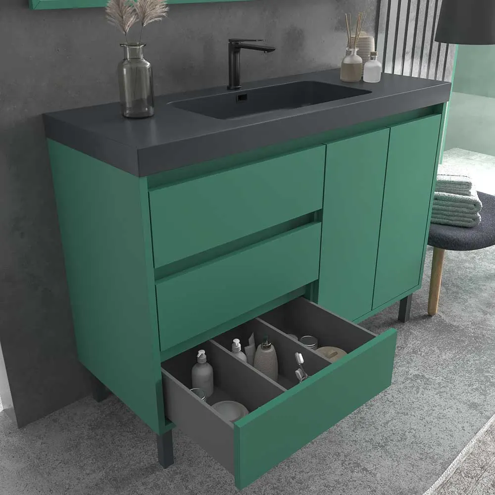 Mobile bagno a terra BOX cm 120 3 cassetti / 2 ante con lavabo in resina da cm 6. PATINA VERDE - immagine 5