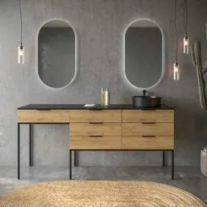 Mobile bagno ELLA con gambe 6 cassetti con mobile lavabo ROVERE CHIARO con top SOLID SURFACE lavabo OSIRIS