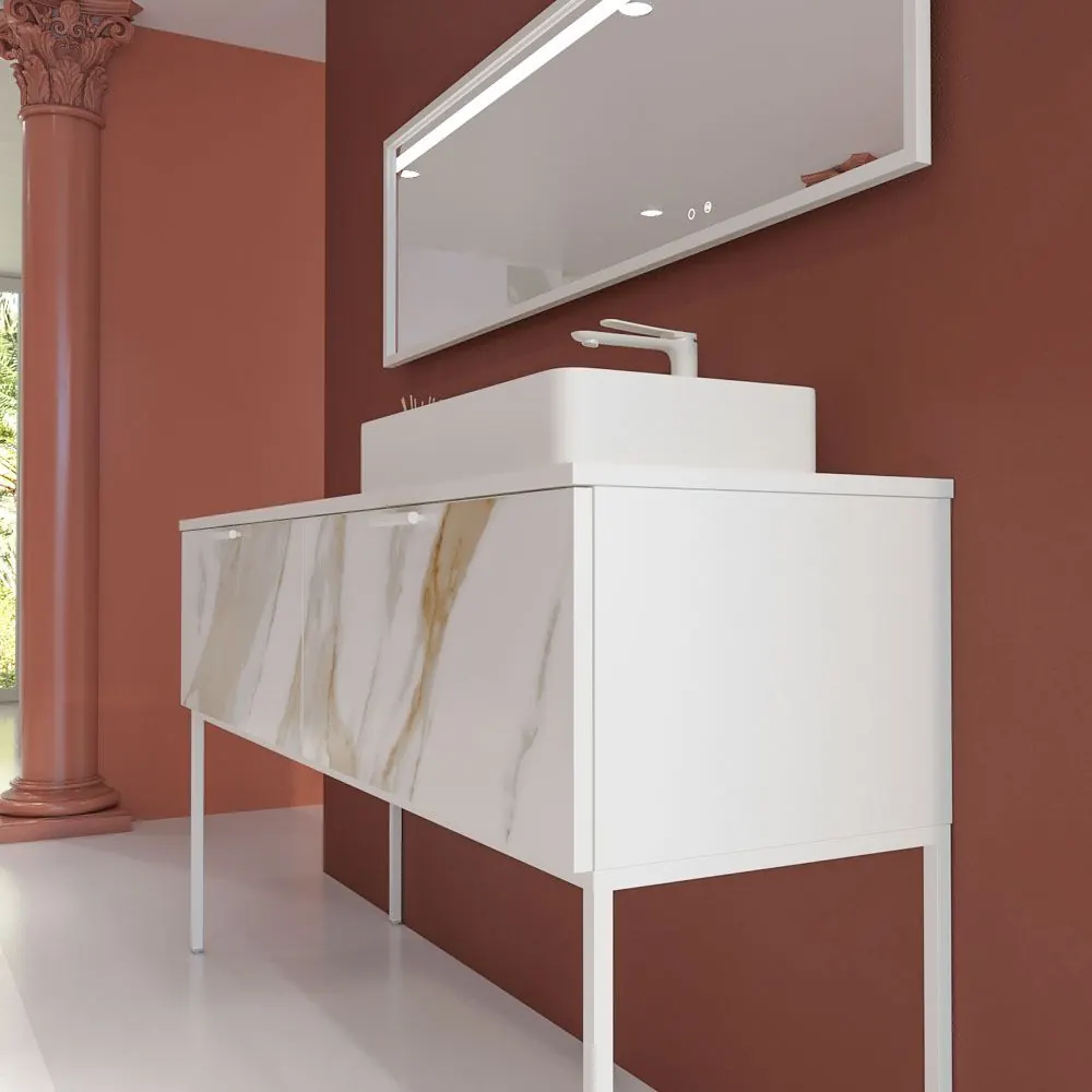 Mobile bagno GRATE con gambe, 2 cassetti, finitura marmo CALACATTA GOLD, top e lavabo Fogo SOLID SURFACE - immagine 2