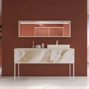 Mobile bagno GRATE con gambe, 2 cassetti, finitura marmo CALACATTA GOLD, top e lavabo Fogo SOLID SURFACE