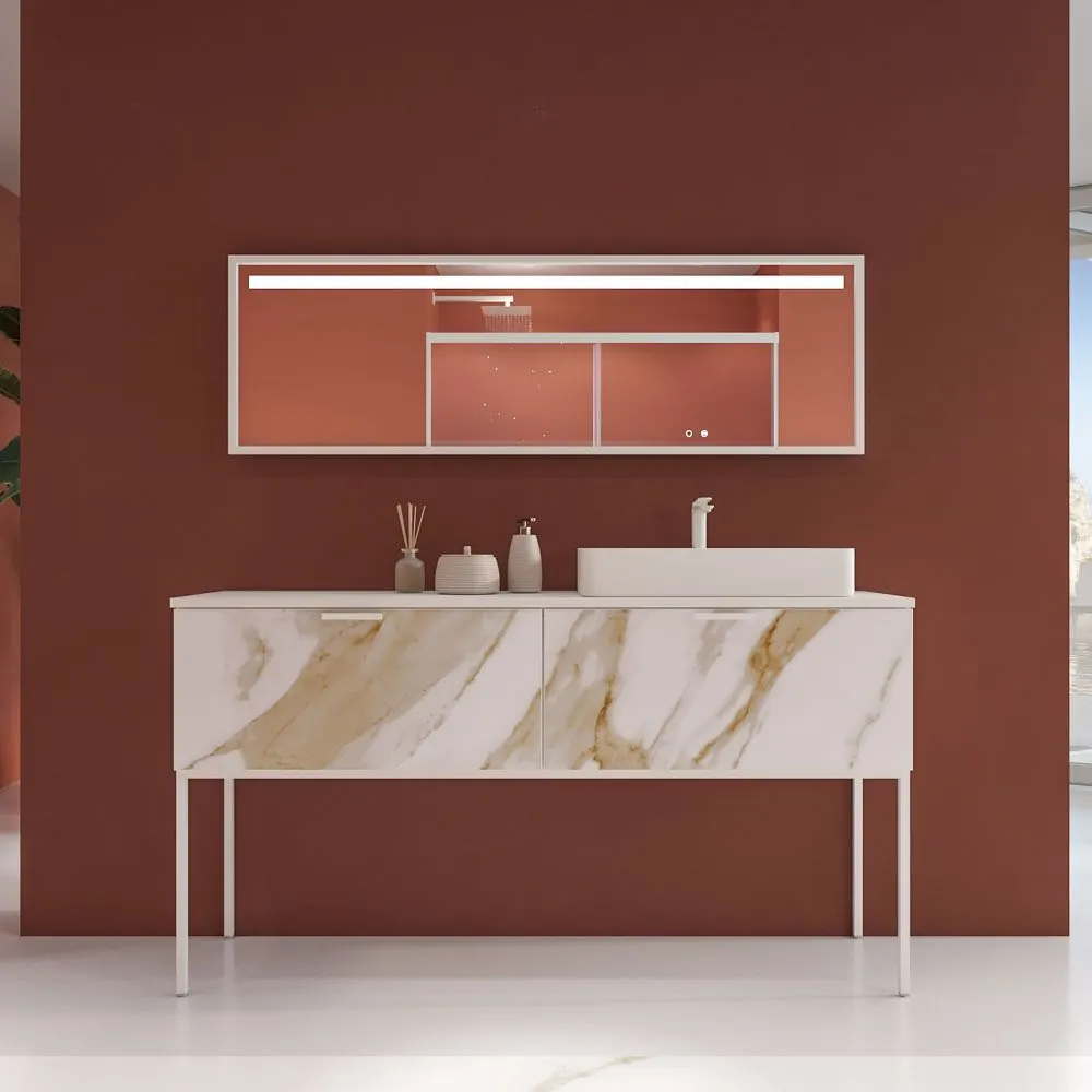 Mobile bagno GRATE con gambe, 2 cassetti, finitura marmo CALACATTA GOLD, top e lavabo Fogo SOLID SURFACE