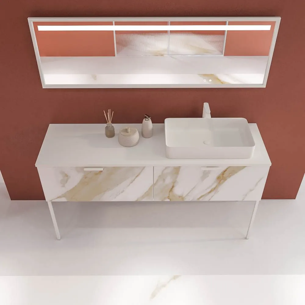Mobile bagno GRATE con gambe, 2 cassetti, finitura marmo CALACATTA GOLD, top e lavabo Fogo SOLID SURFACE - immagine 3