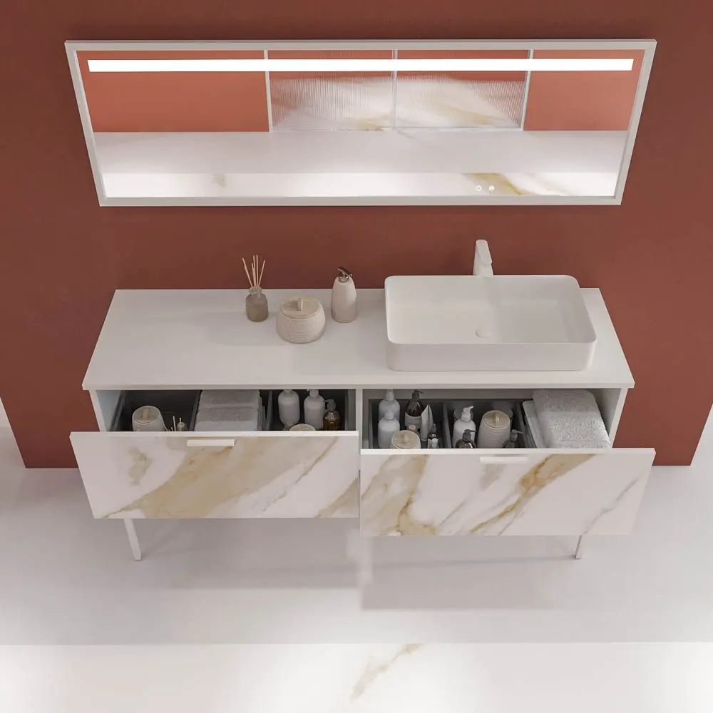 Mobile bagno GRATE con gambe, 2 cassetti, finitura marmo CALACATTA GOLD, top e lavabo Fogo SOLID SURFACE - immagine 4