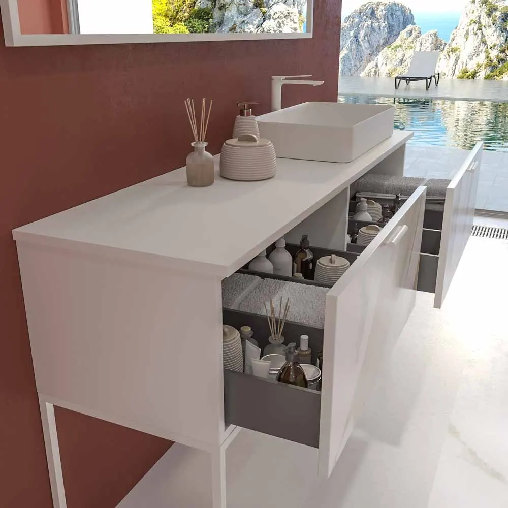 Mobile bagno GRATE con gambe, 2 cassetti, finitura marmo CALACATTA GOLD, top e lavabo Fogo SOLID SURFACE - immagine 6
