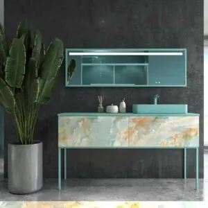 Mobile da bagno con gambe e 2 cassetti GRATE con finitura in marmo ONIX AZUL e top e lavabo Fogo SOLID SURFACE