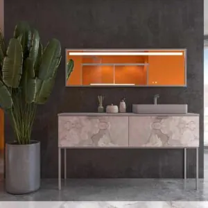 Mobile da bagno GRATE con gambe e 2 cassetti con finitura in marmo ONIX GRIGIO e top e lavabo Fogo SOLID SURFACE
