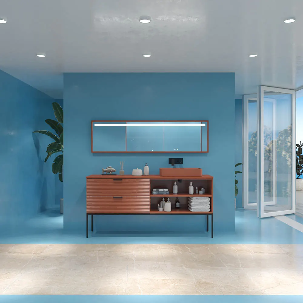 Mobile bagno con gambe HOLE, 2 cassetti/1 foro, finitura MARRONE RAMATO, con top e lavabo in Solid Surface FOGO - immagine 7