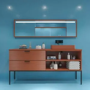 Mobile bagno con gambe HOLE, 2 cassetti/1 foro, finitura MARRONE RAMATO, con top e lavabo in Solid Surface FOGO