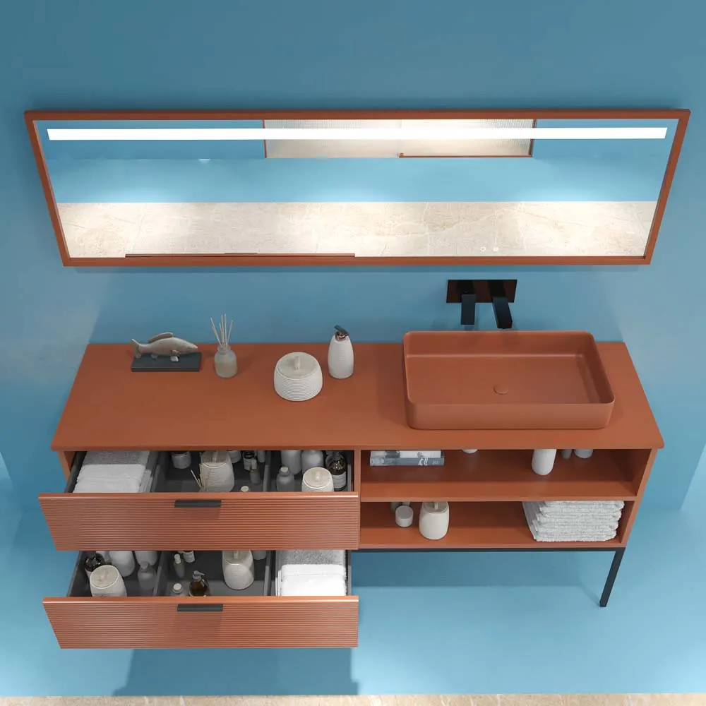 Mobile bagno con gambe HOLE, 2 cassetti/1 foro, finitura MARRONE RAMATO, con top e lavabo in Solid Surface FOGO - immagine 6
