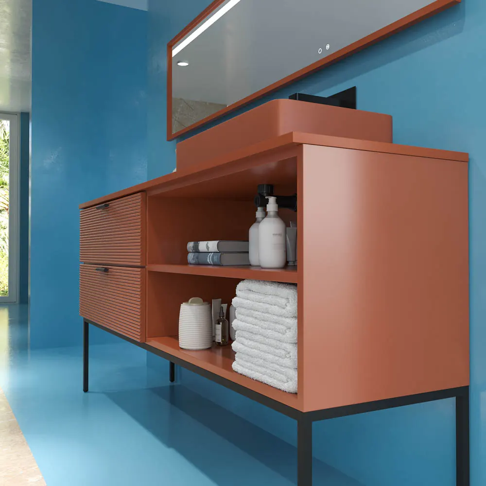 Mobile bagno con gambe HOLE, 2 cassetti/1 foro, finitura MARRONE RAMATO, con top e lavabo in Solid Surface FOGO - immagine 5
