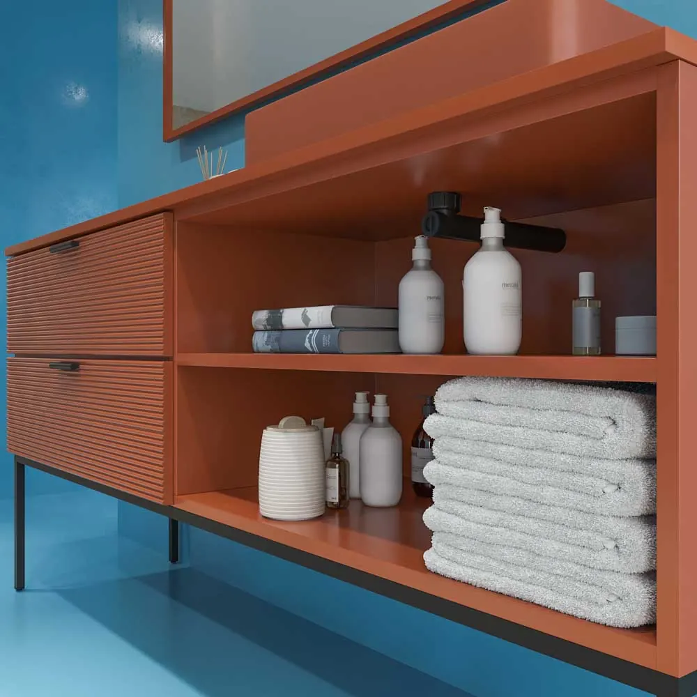 Mobile bagno con gambe HOLE, 2 cassetti/1 foro, finitura MARRONE RAMATO, con top e lavabo in Solid Surface FOGO - immagine 4
