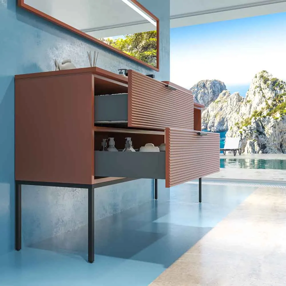Mobile bagno con gambe HOLE, 2 cassetti/1 foro, finitura MARRONE RAMATO, con top e lavabo in Solid Surface FOGO - immagine 3