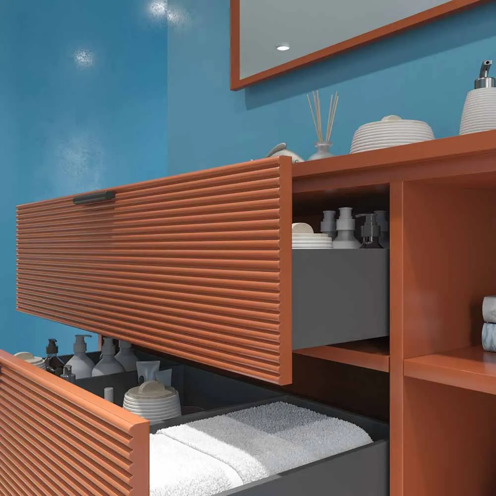 Mobile bagno con gambe HOLE, 2 cassetti/1 foro, finitura MARRONE RAMATO, con top e lavabo in Solid Surface FOGO - immagine 2