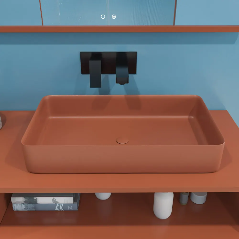 Mobile bagno con gambe HOLE, 2 cassetti/1 foro, finitura MARRONE RAMATO, con top e lavabo in Solid Surface FOGO - immagine 9