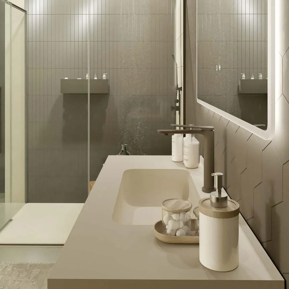 Mobile bagno sospeso 2 cassetti PETRA con lavabo in resina finitura CREMA - immagine 2