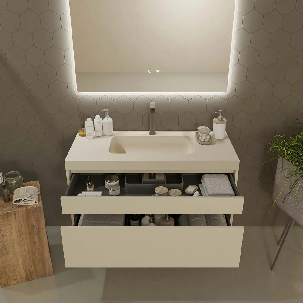 Mobile bagno sospeso 2 cassetti PETRA con lavabo in resina finitura CREMA - immagine 3