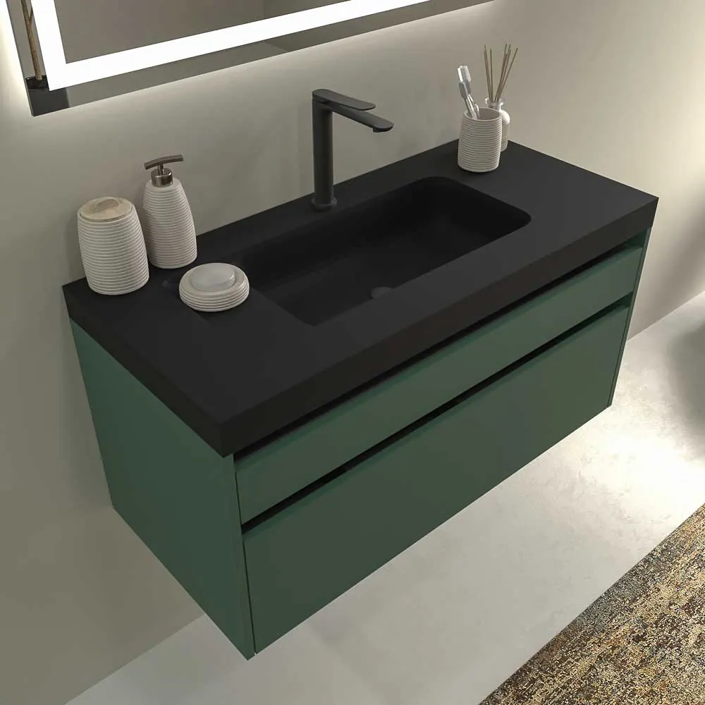 Mobile bagno sospeso 2 cassetti PETRA con lavabo in resina finitura NERO opaco - immagine 3