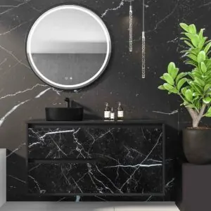 Mobile bagno sospeso 2 cassetti/ 2 ante UNICO con lavabo OSIRIS in Solid Surface MARQUINA NERO effetto marmo