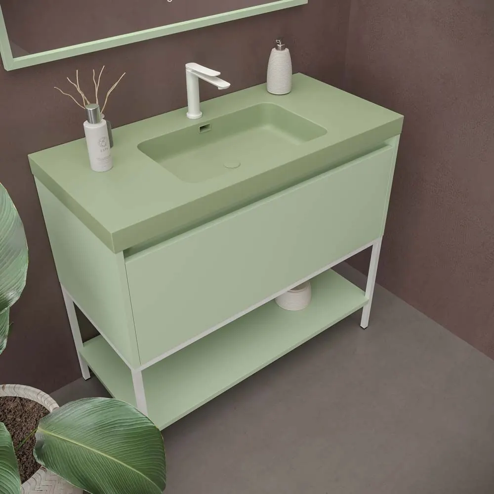 Mobile bagno ELEN con gambe 1 cassetto – 1 ripiano inferiore BIANCO VERDE/BIANCO - immagine 4