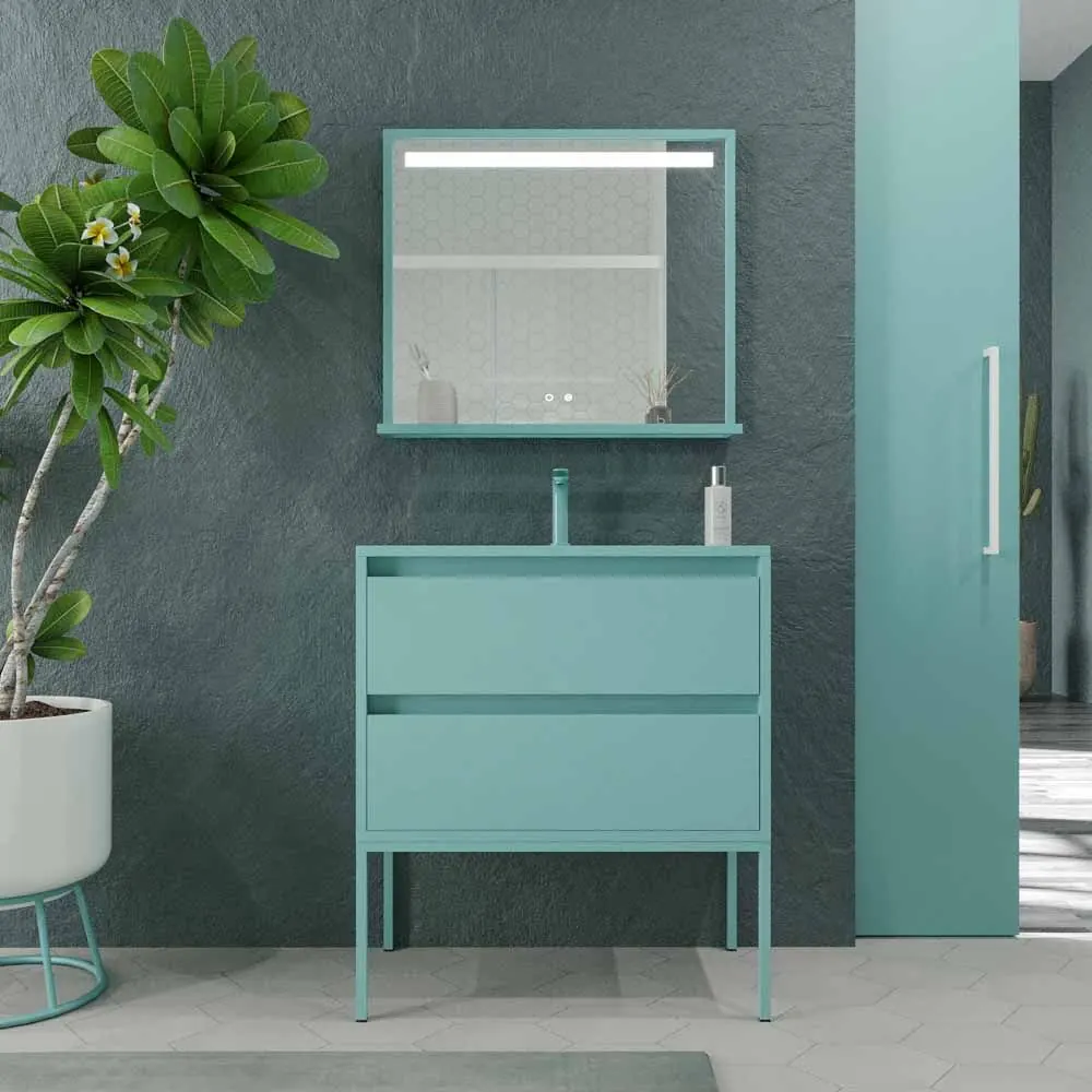 Mobile da bagno con gambe 2 cassetti SMILE con lavabo in Solid Surface BLU TURCHESE