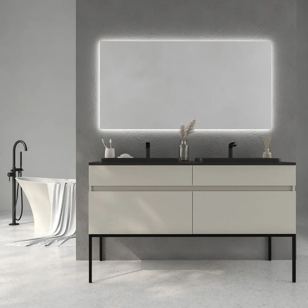 Mobile bagno DUNE con gambe a 4 cassetti e top SOLID SURFACE a 2 vasche